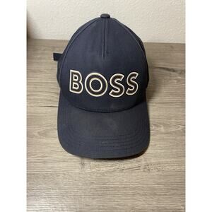 BOSS Hugo Boss Navy Blue Cotton Twill Baseball Cap Hat Gold Embroidered Logo